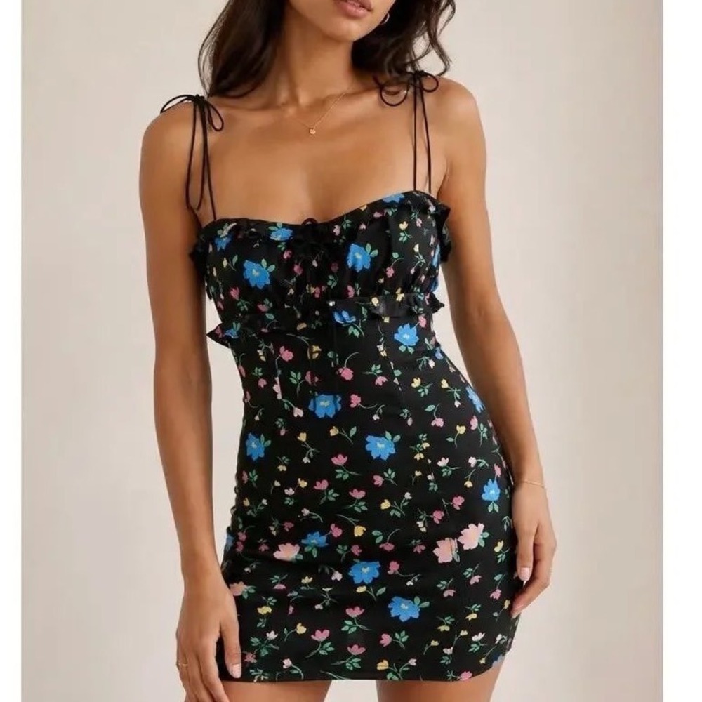 NWT For Love & Lemons Robin Mini Dress Womens Small Black Floral Coquette Boho